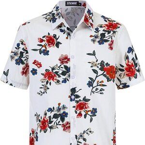 Mens Cotton Hawaiian Shirt - Casual Short Sleeve Button Down Tropical Flowers